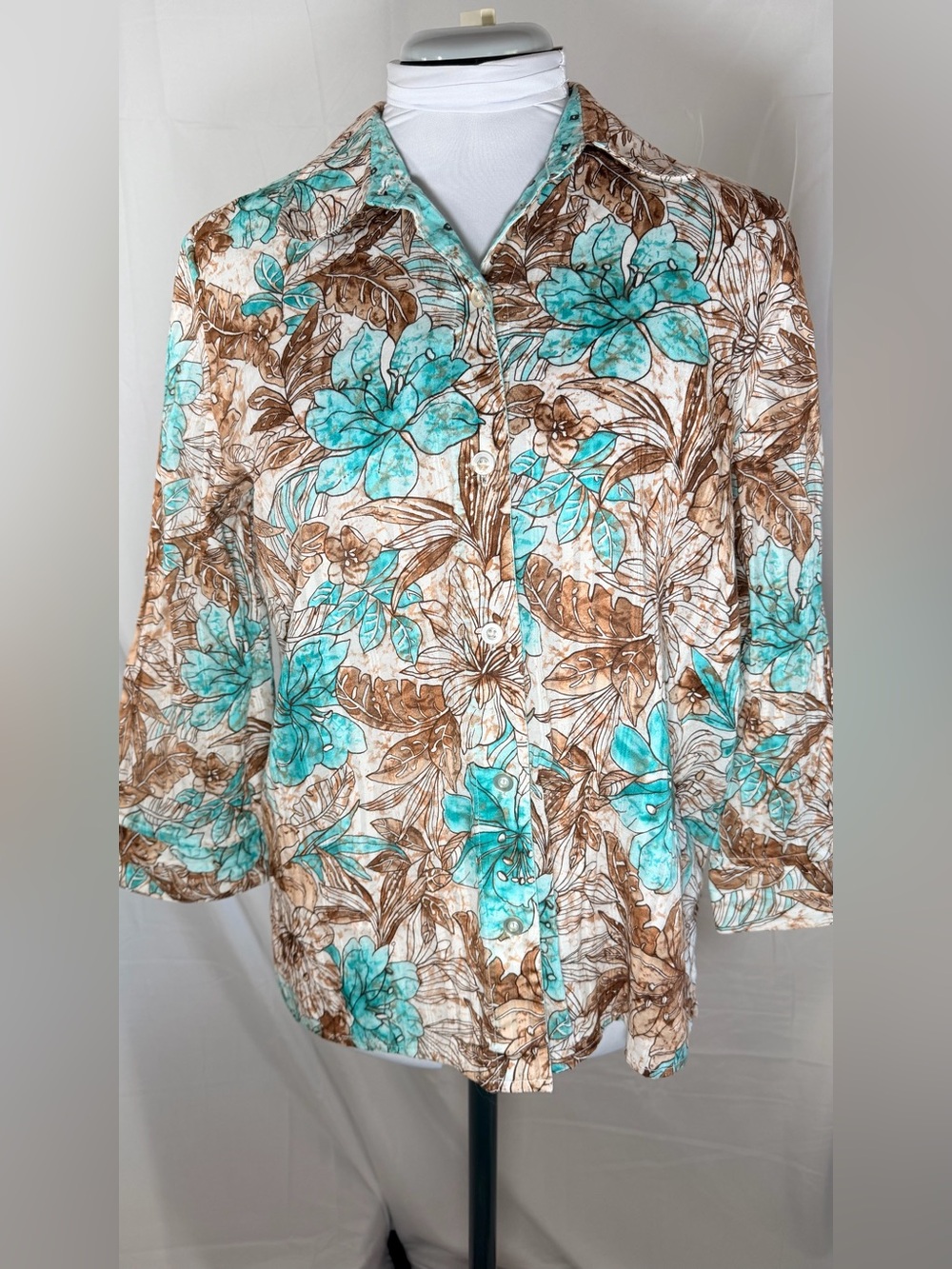 Alfred Dunner floral turquoise/brown button down w/3 qtr sleeves